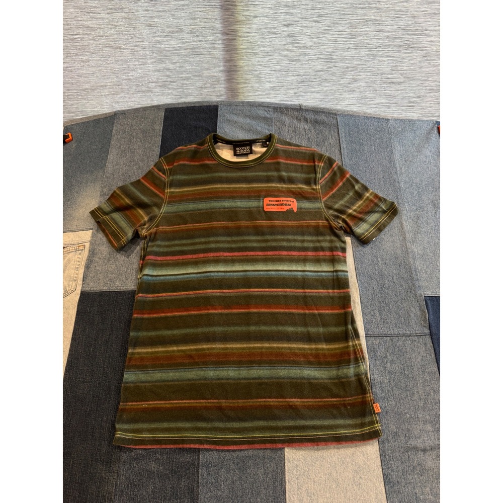 Scotch & Soda Amsterdam Striped T-Shirt Mens Large Green Brown Multi Color Tee